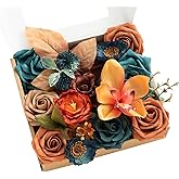 Ling's moment Fake Flowers Box, Faux Artificial Greenery Stems Foam Roses Gardenia Silk Poppy Orchid Fabic Flower for Centerpieces Bouquet Wedding Vase Decorations, Teal & Burnt Orange, Mini Combo