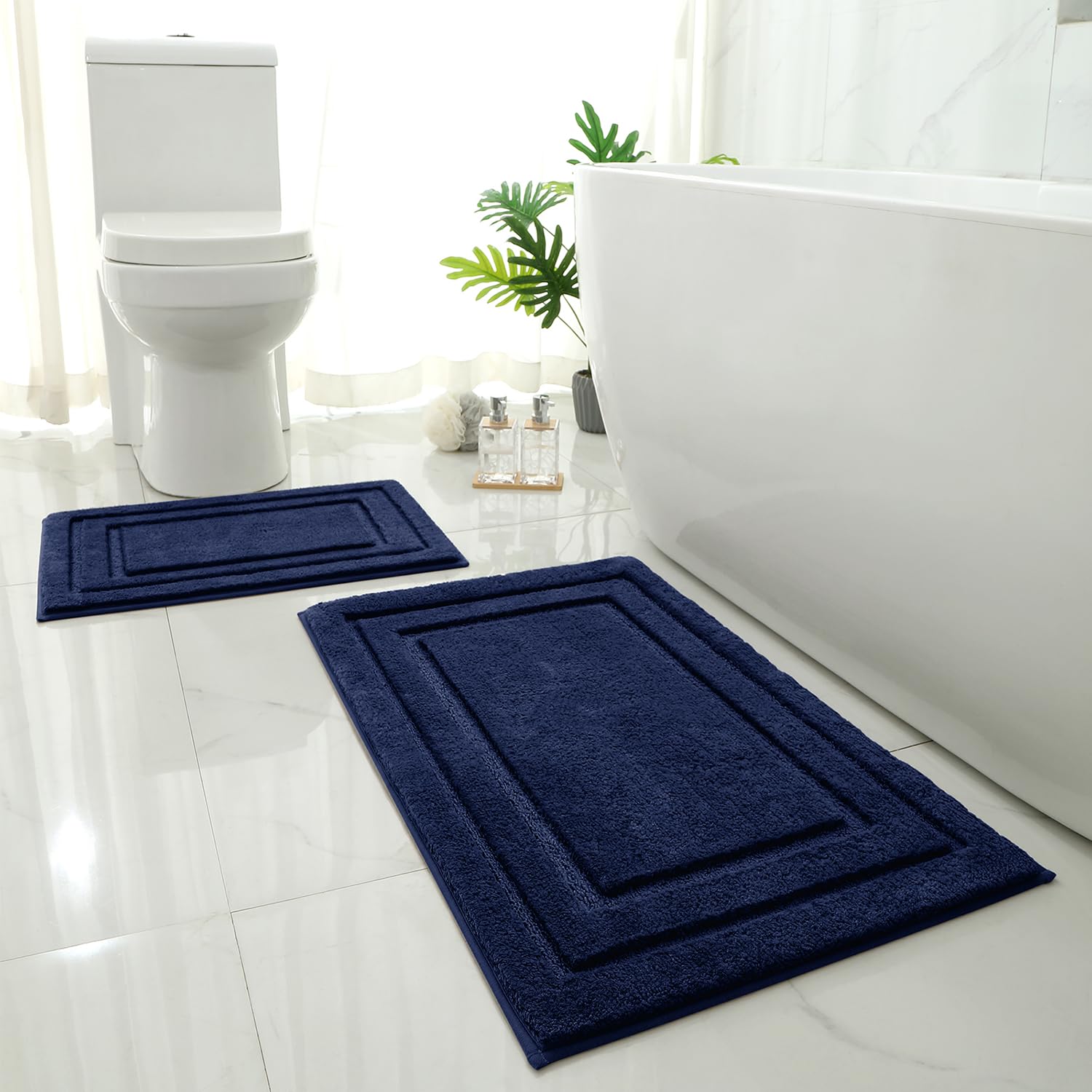 Photo 1 of HOMEIDEAS Bathroom Rugs Sets 2 Piece, Super Soft and Absorbent Non Slip Microfiber Machine Washable Bath Mat Set (20" x 32" + 16" x 24", Navy Blue)