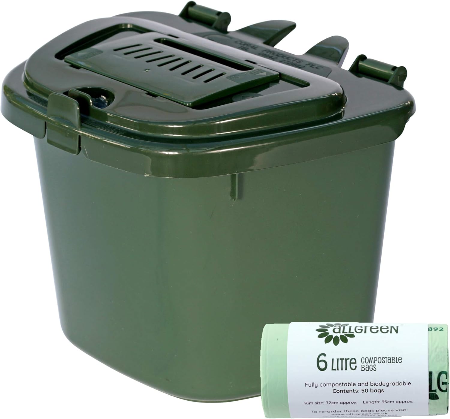 Green 5L Vented Kitchen Compost Caddy & 50x 6L Compostable Bags Composting Bin for Food Waste