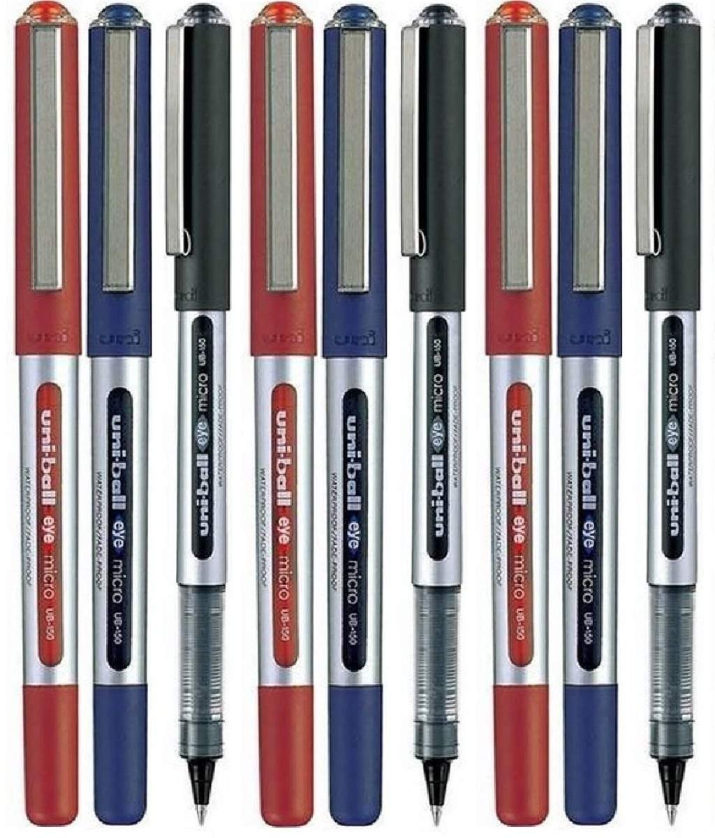Uni Ball UB-150E Assorted Colour (9 Pack) Eye Micro Rollerball Pen 0.5mm (3 of each Colour - Red Black Blue - 9 Pens)