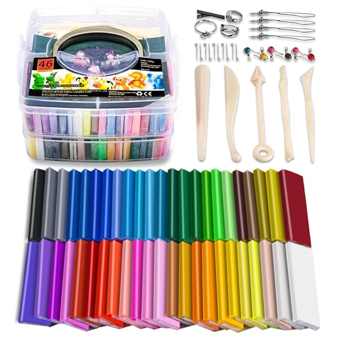 Polymer Ton, 46 Stück Farben Knetmasse DIY Weich Handwerk Ton Set mit Modellierwerkzeugen und Zubehör in Aufbewahrungsbox, Be