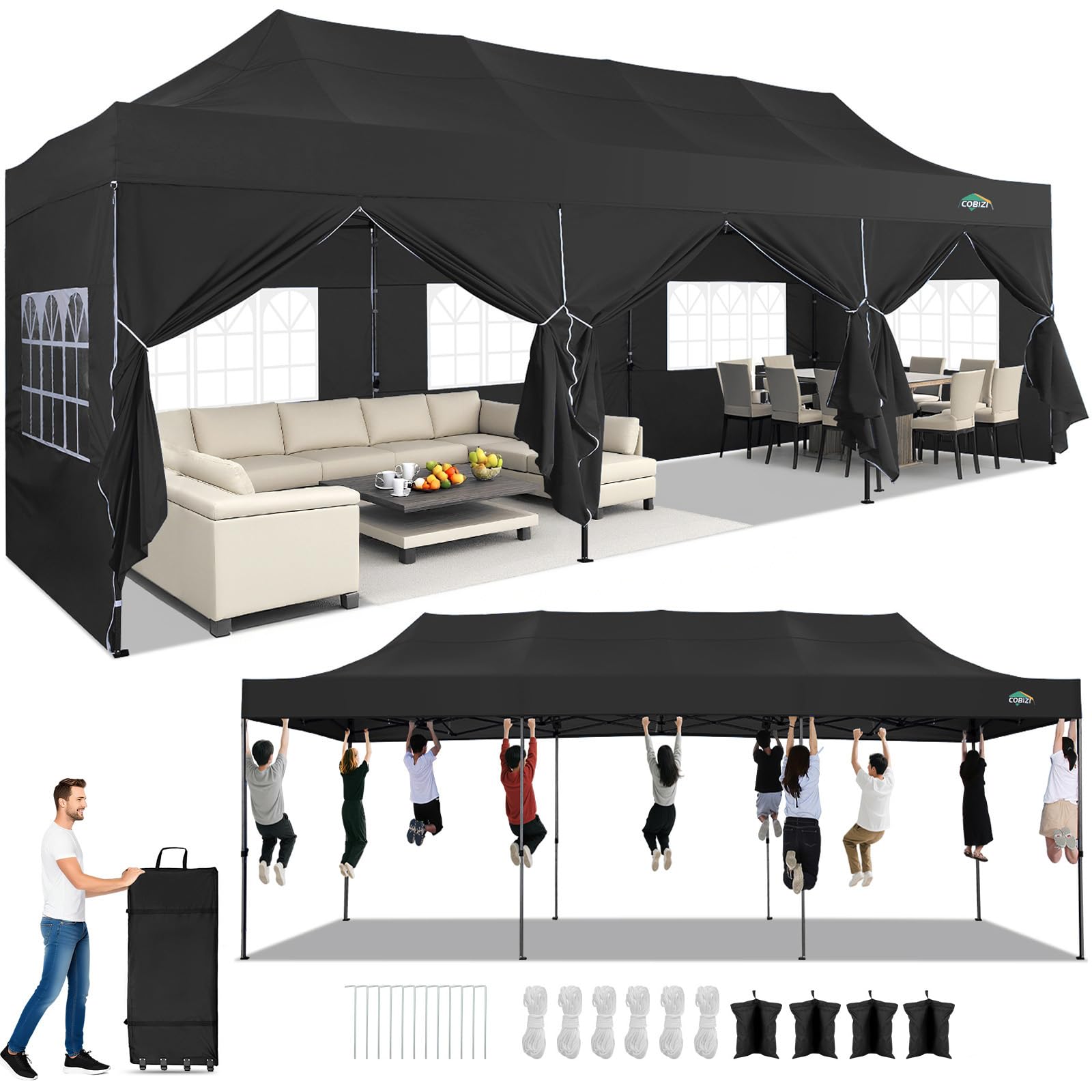 COBIZI 10x30 Heavy Duty Pop Up Canopy Tent with 8 Sidewalls Thicken Frame, Commercial Easy Up Outdoor Wedding Party Tents, All Season Waterproof Windproof with Stakes Sandbags Ropes Roller Bag, Black Image