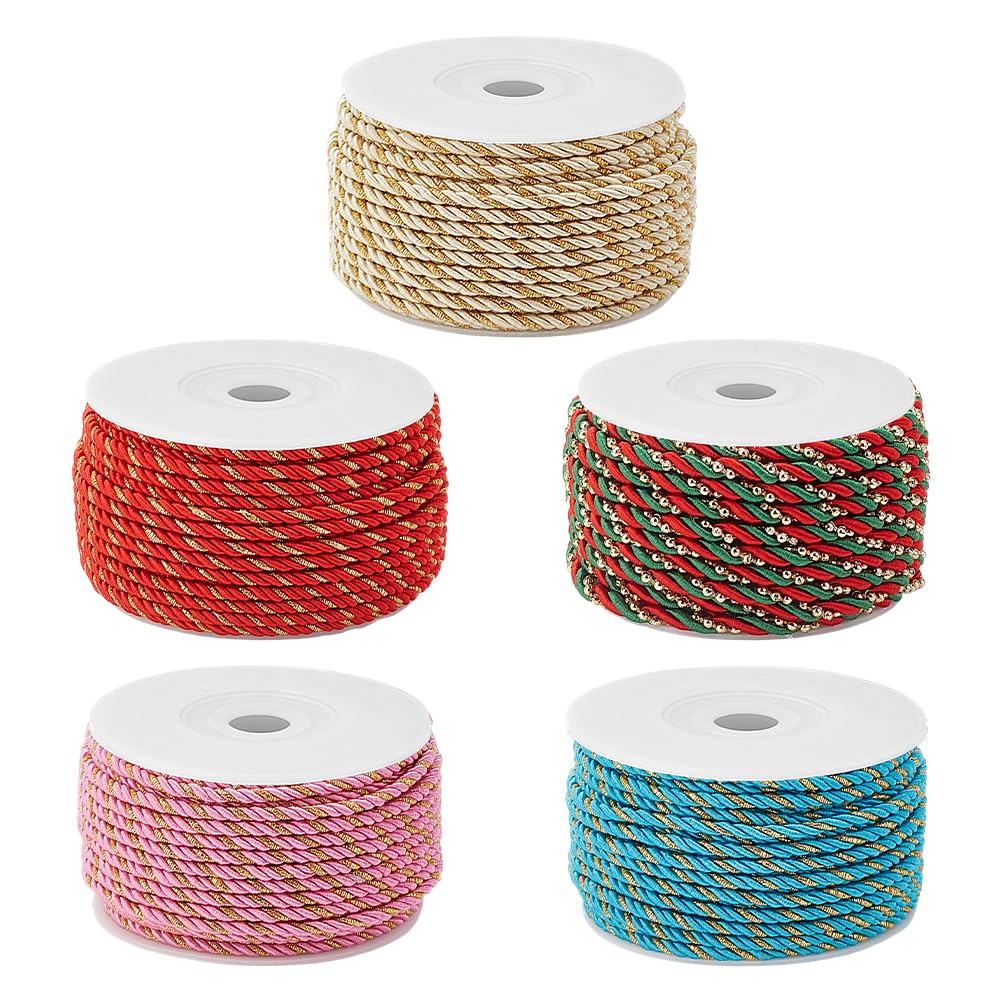 PH PandaHall 100m Twisted Cord Rope, 5 Colors 3mm 3-Ply Decorative Metallic Rope Thread Polyester Braided Cord for Crafts Home Upholstery Curtain Decor Costumes Drawstrings