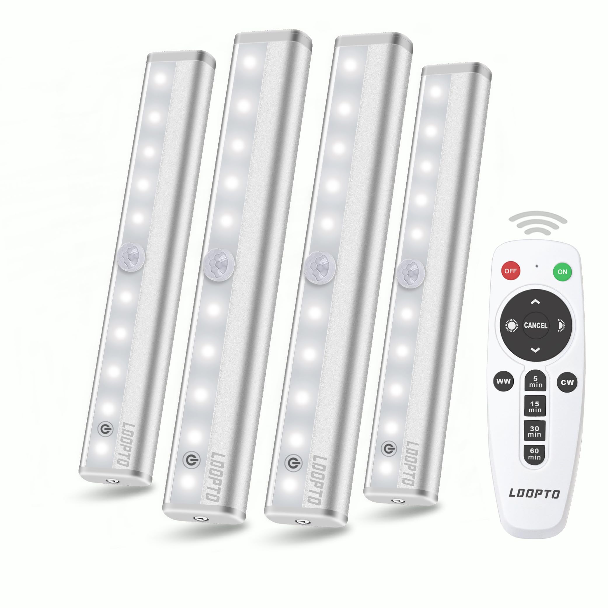 LDOPTO Under Cupboard Kitchen Lights with Remote, 20-LED Closet Lights Wireless Under Counter Lights for Kitchen Night Light Strip Bar with Touch Control for Wardrobe, Stairs 3 Colors (4 Pack)