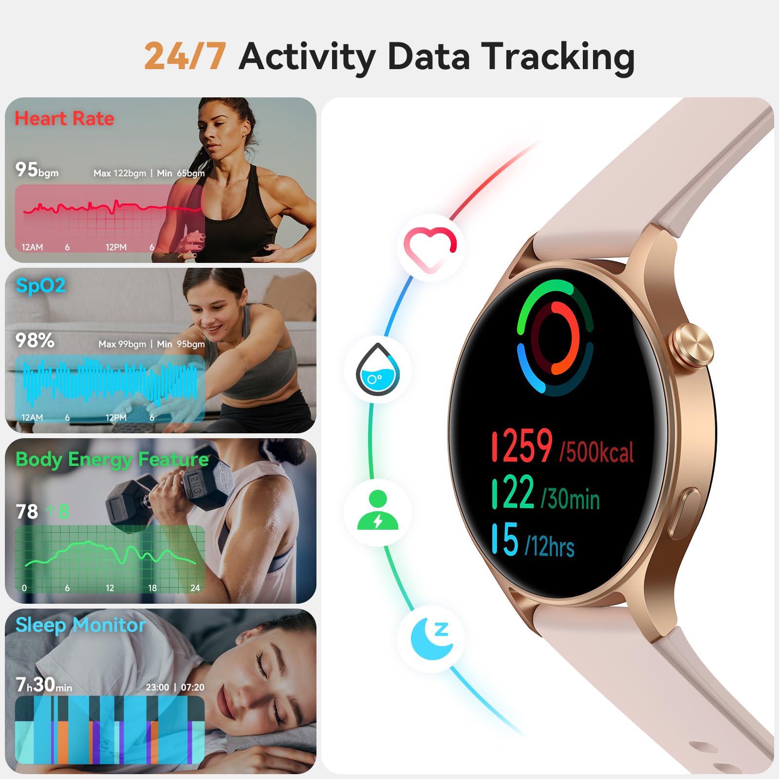 aeac Smart Watch for Women, Answer/Make Call, 1.32'' AMOLED Ultra-Clear Screen Fitness Trackers with Heart Rate/Sleep/SpO2 Monitor, Smartwatch for iPhone/Samsung/Android, 110+ Sport Modes, 3ATM Waterproof