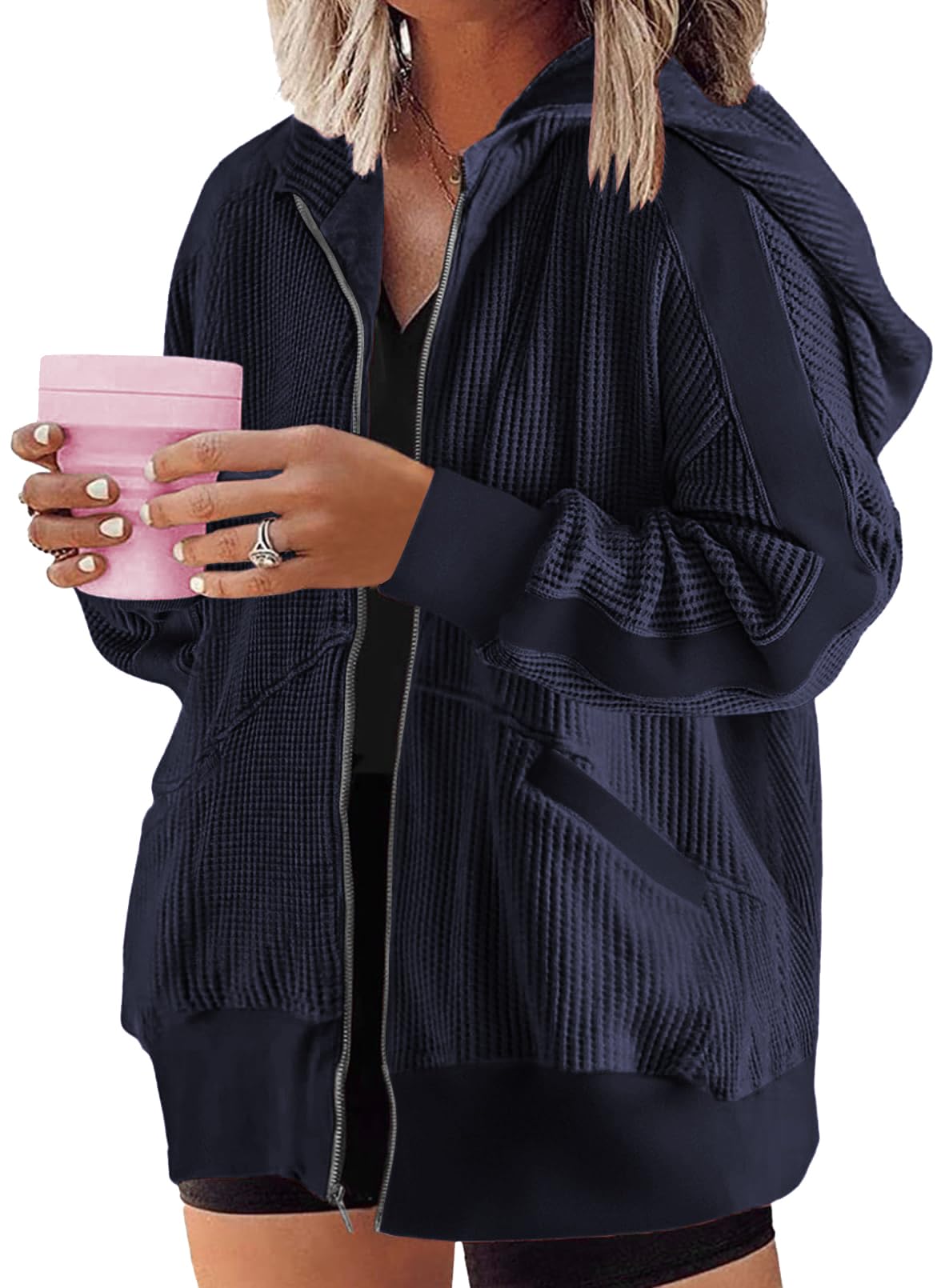 View 1 of ForHailey Plus Size Fall Jackets for Women Zip Up Hoodies Long Sleeve Sweatshirt Waffle Lightweight Knit Coat 2025 Navy Blue 5X-Large
