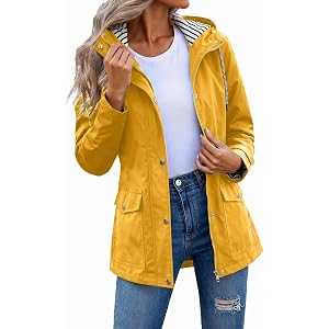 FPMLUXLL Women's Rain Jacket Waterproof Hooded Raincoat Hiking Windproof Trench Coat Lightweight Striped Lined Rain Coat