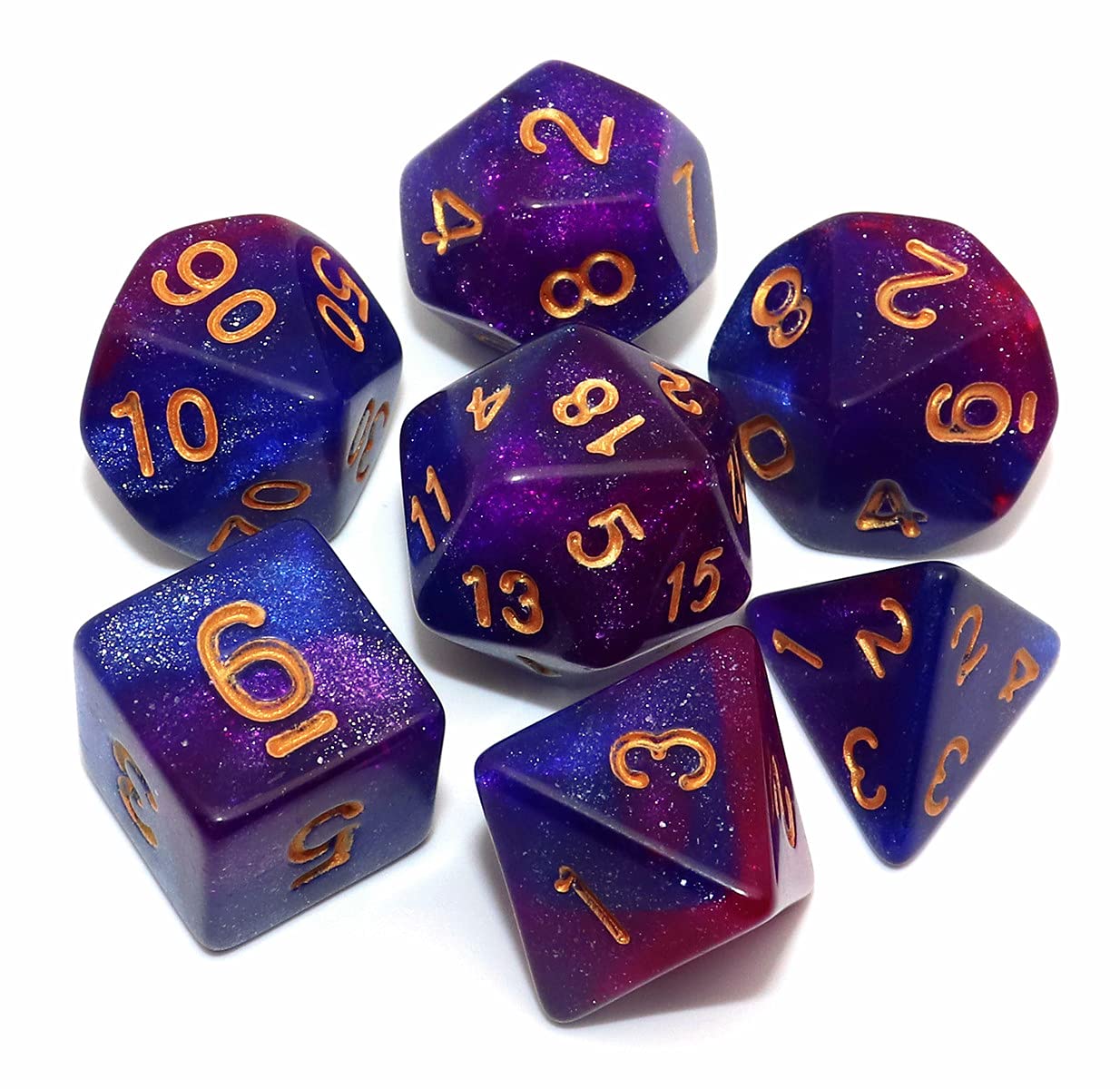 CREEBUY Polyhedral Dice Set for Dungeons and Dragons, Blue and Purple, Gradient Glitter Set of 7 Dice for Role Playing Games