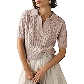 Imily Bela Women's Cable Short Sleeve Sweaters Tops Solid Lapel V Neck Knit Casual Soft Pullover Shirt