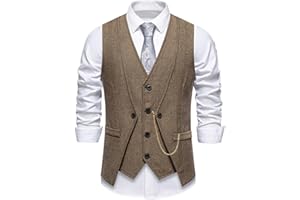 Men's Vintage Slim Fit Suit Vest Formal Prom Party Herringbone Pattern Waistcoat with Chain Detail