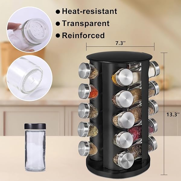 EBIZ&TECH 20-JAR STAINLESS STEEL ROTATING SPICE RACK WITH NON-SLIP BASE – KITCHEN COUNTERTOP ORGANIZER FOR EASY ACCESS AND STORAGE OF SPICES (BLACK)