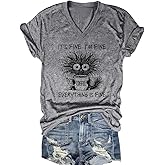 Nebere Women's I'm Fine Everything is Fine Short Sleeve Funny V Neck T Shirts Casual Cute Cat Graphic Tee Blouse Tops