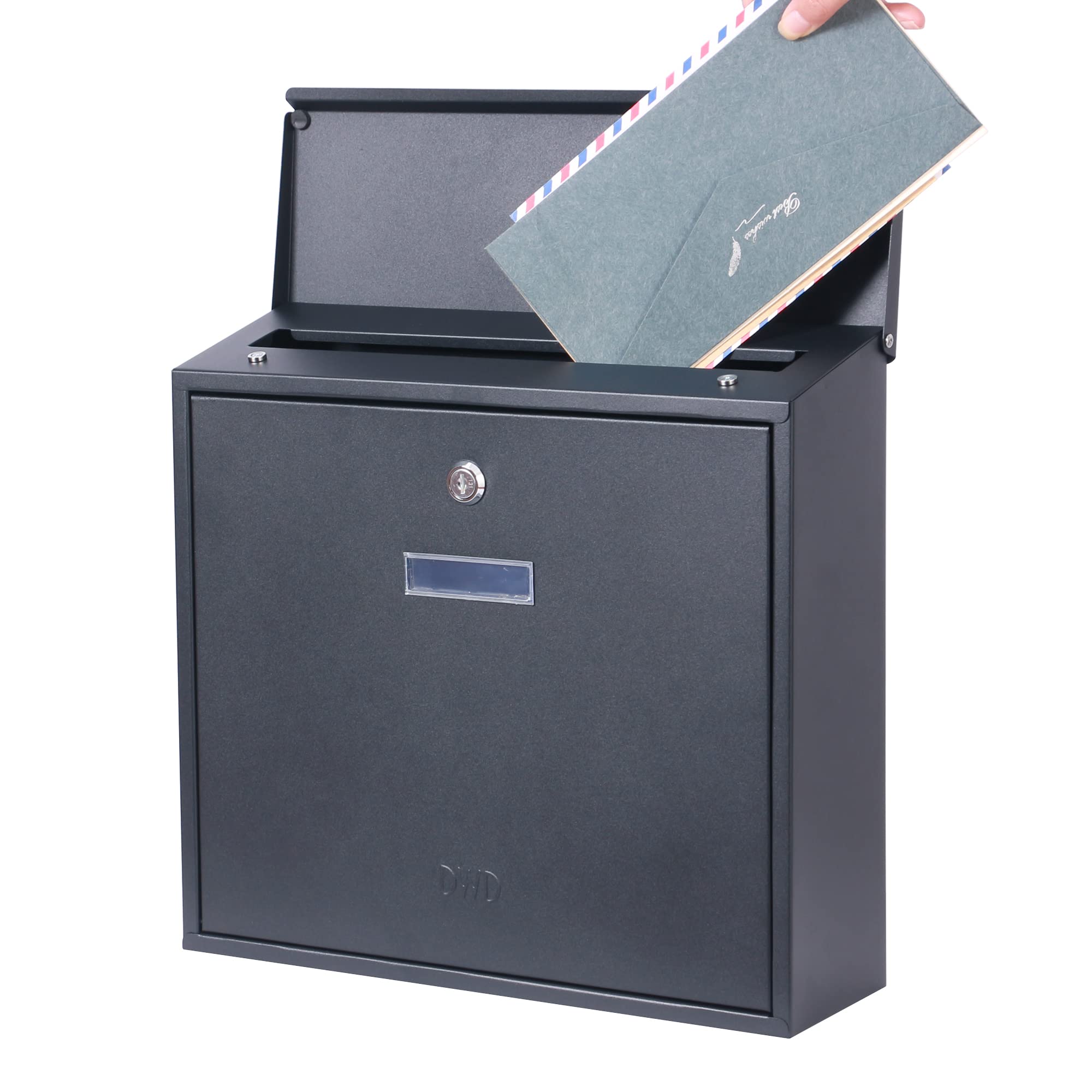 DWD® Premium Wall Mounted Lockable Letter Mail Box Powder Coated Steel Waterproof lid Outdoor (Top Slot 35 x 32 x 10 Magnetic Lid, Dark Grey Rugged Finish)