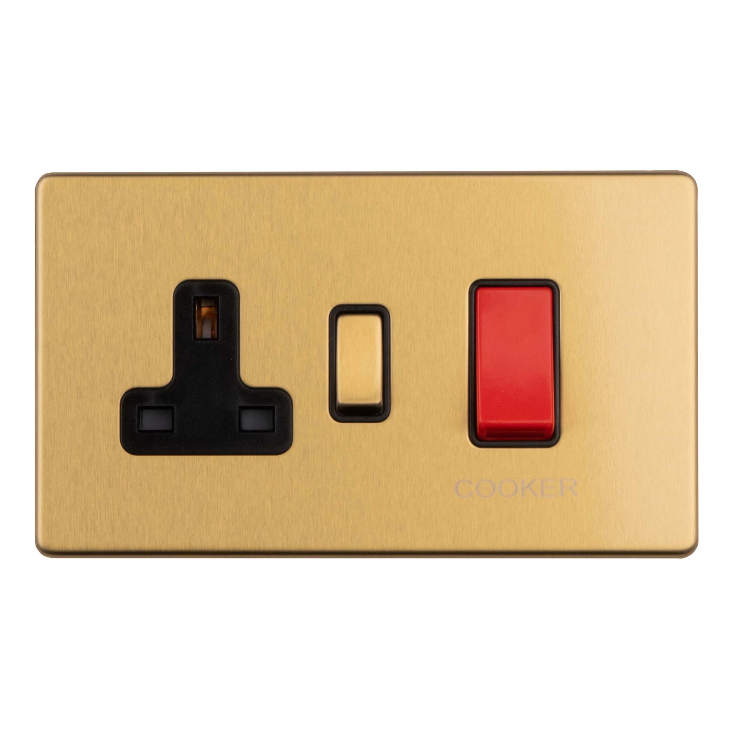 45AMP DP COOKER SWITCH WITH 13AMP SOCKET FLAT CONCEALED SATIN BRASS PLATE MATCHING ROCKER