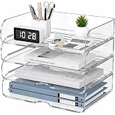 HIYOHIYO Clear Office Desk Organizer for A4 Letter Paper, 4 Tier Horizontal | Stackable | Large Capacity | Office Organizatio