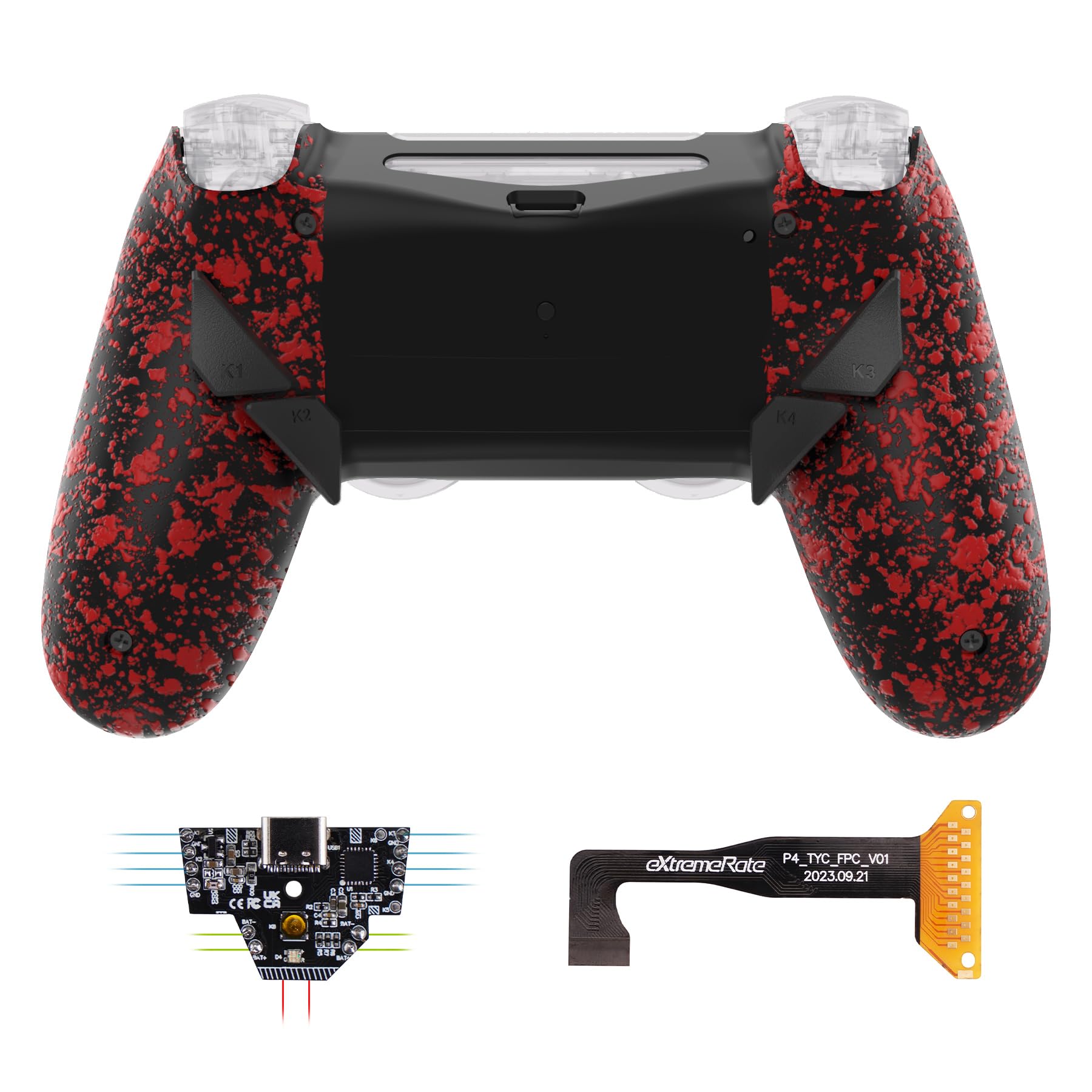 eXtremeRate Dawn Type-C Version Remap Kit for PS4 Slim Pro Controller JDM-040/050/055 with 6 Customizable Mapping Profiles, Textured Red Redesigned Back Shell and 4 Back Buttons - Without Controller