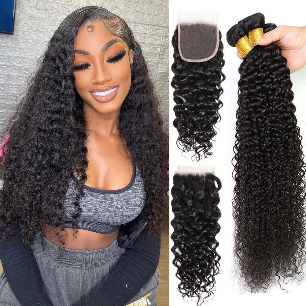 Water Wave Human Hair Bundles with Closure Wet and Wavy Bundles with Lace Closure Free Part (10 12 14+10) Unprocessed 10A Curly Wave Bundles Human Hair with 4x4 Lace Closure Natural Black Color — image 1