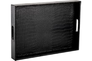 Lyellfe Black Serving Tray for Coffee Table, Decorative Ottoman Tray with Handles, 17x12 Inch Rectangular Alligator Faux Leat