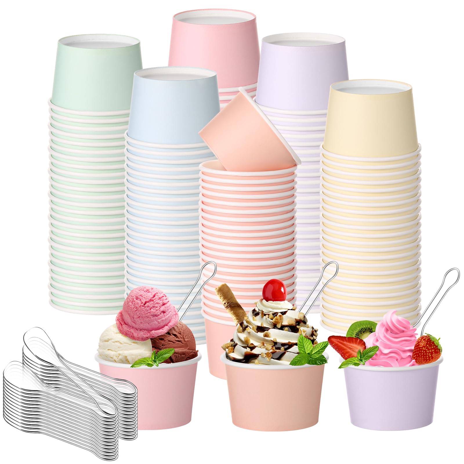 Photo 1 of Boao 100 Set 5 oz Ice Cream Cups with Spoons Disposable Paper Sundae Dessert Bowls Summer Party Supplies (Classic Style)