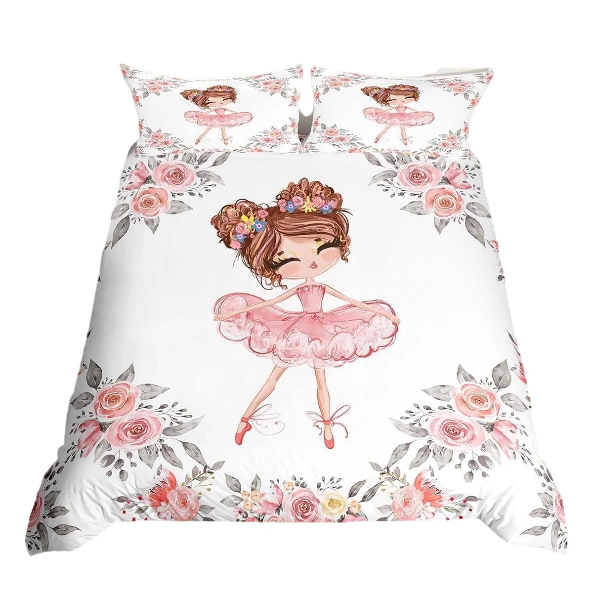Homewish Girls Ballet Bedding Set King Size for Kids, Ballerina Duvet Cover Bedroom Decor Cute Little Dancer Comforter Cover Girly Rose Flowers Print Bedspread Cover, Pink White Gray, 2 Pillowcases — image 1