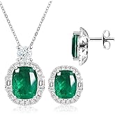 TinyPeri Simulated Emerald Halo Penadant Necklace and Earring Set for Women White Gold Plated Cushion Cut Green Stud Earrings and Dainty Necklaces, Silver Jewelry Set for Wedding Prom, Anniversary