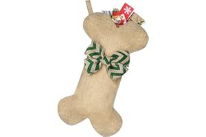 Malier New Linen Large Christmas Stocking for Dogs Cats Pets Jute Natural Burlap Dog Bone Shape Hanging Dog Christmas Stocking - Green Stripe