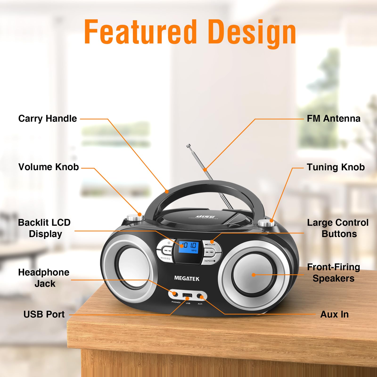 MEGATEK Portable CD Player Boombox With FM Radio, Bluetooth, And USB