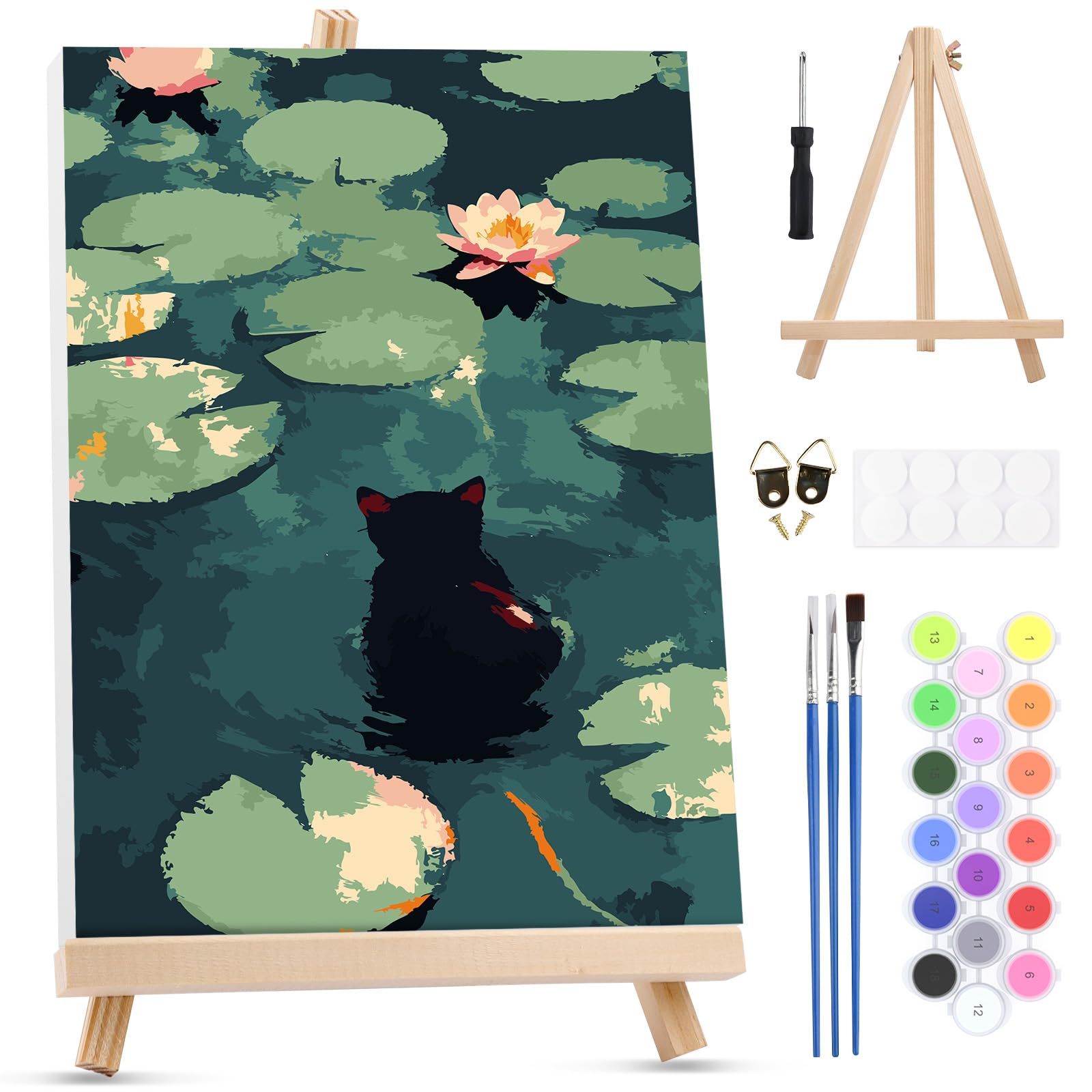 MXJSUA Cat Lotus Flower Framed Paint by Numbers Kit for Adults Beginner with Wooden Easel, Adults' Paint-by-Numbers on Canvas, Easy DIY Acrylic Number Painting for Home Decor Gifts, 20x30cm