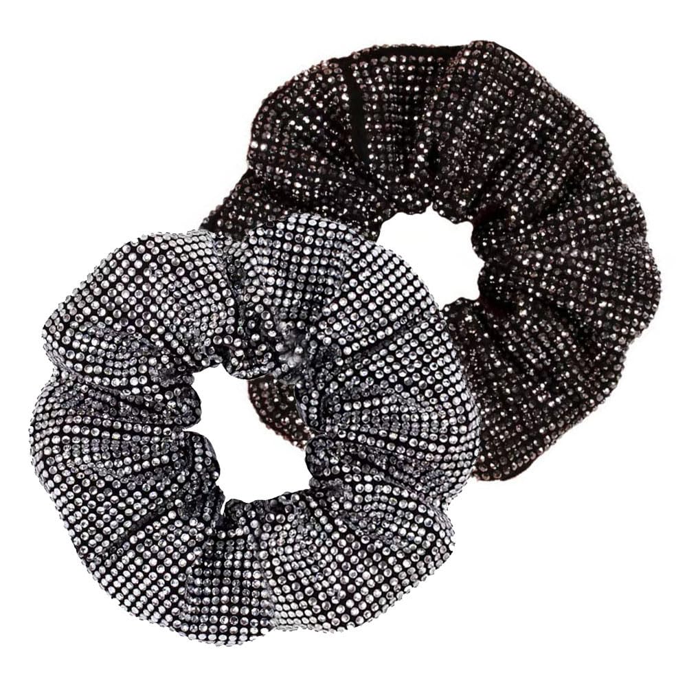 AMOR SPES 2pcs Black White Bling Shining Hot Fix Rhinestone Hair Scrunchies Set Hair Bands for Women