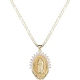 kelistom 18K Gold Plated Guadalupe Virgin Mary Necklace for Women Men Teens, Oval Zircon Inlay Virgin Mary Pendant with Stainless Steel Figaro Chain Necklace