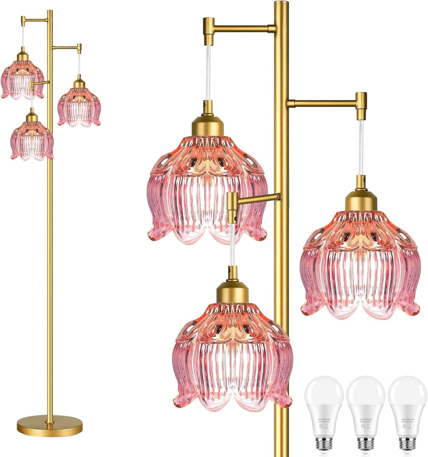 Photo 1 of ILLMTW Glass Floor Lamp for Living Room,Bedroom,Gold Flower Mid Century Modern Standing Lamp Brass Tree 3 Light Tall Floor Lamps Vintage Floor Lights Pink Lamp Shade Farmhouse Boho Bohemian