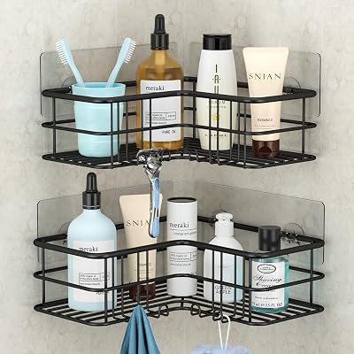 Menbyci Corner Shower Caddy 2 Pack Adhesive Stainless Steel 8 Hooks Black
