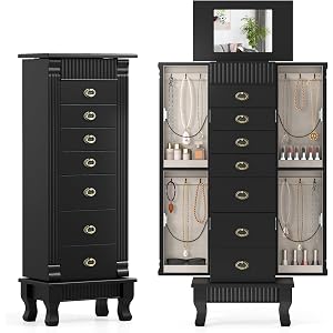 DREAMADE Jewelry Armoire, Standing Jewelry Box w/Mirror & 7 Drawers, Black | Flip Top Organizer with 2 Side Doors and Anti-To