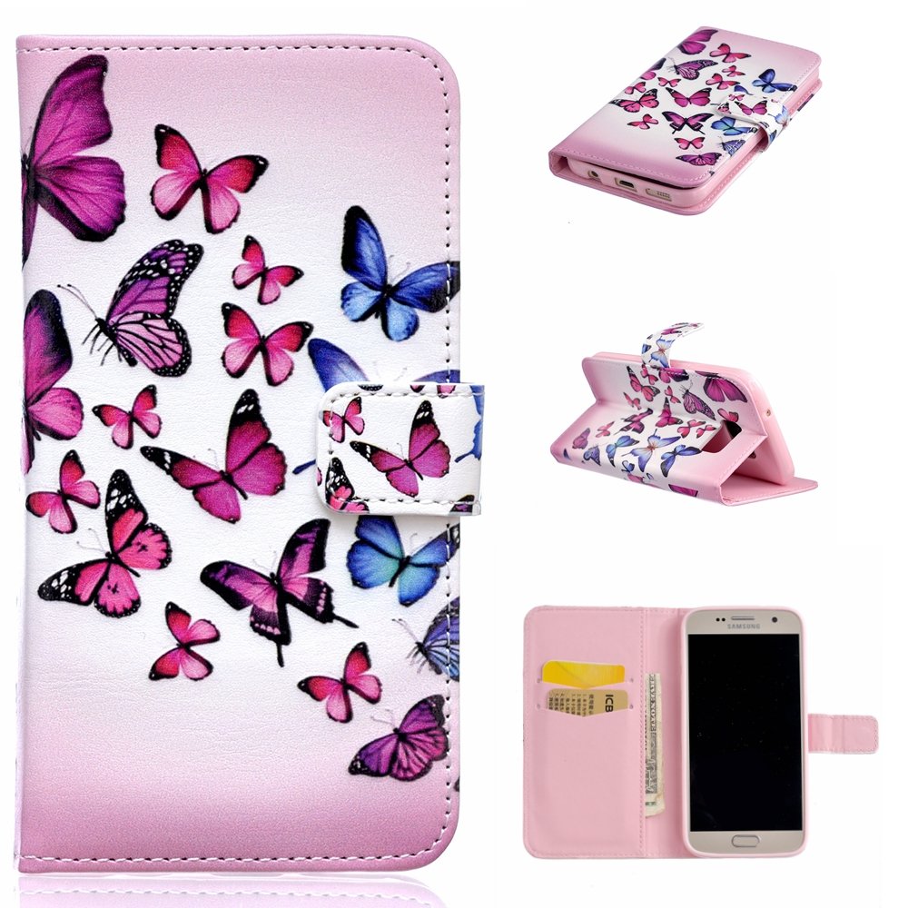 BoxTii Samsung Galaxy S7 Edge Case + Free Screen Protector, Leather Wallet Case for Samsung Galaxy S7 Edge, Ultra Slim Case with Card Slots for Samsung Galaxy S7 Edge (#10 Butterfly)