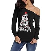 Kocowoo Women's Sexy Off Shoulder Christmas Print T-Shirt Long Sleeve Holiday Merry Xmas Tunic Tops