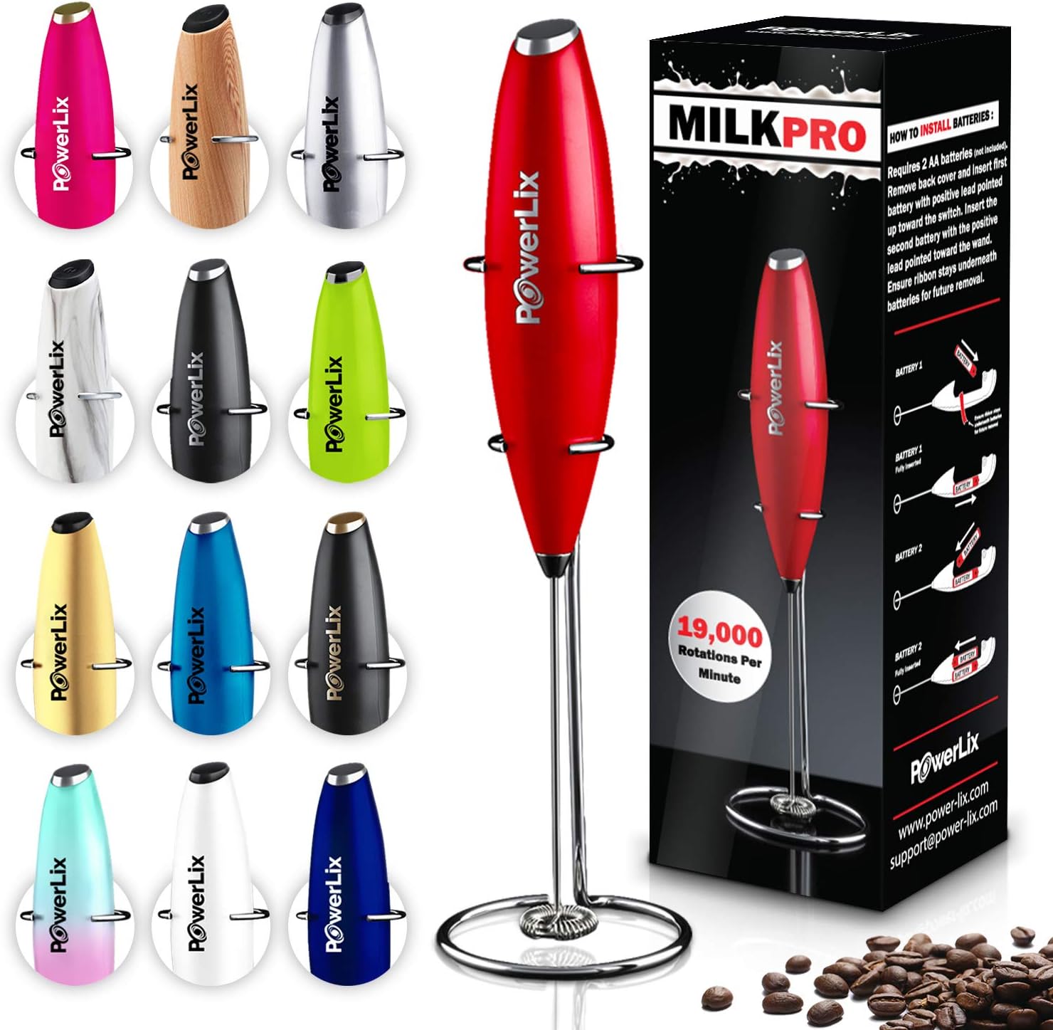 PowerLix Milk Frother Handheld Battery Operated Electric Foam Maker For Coffee, Latte, Cappuccino, Hot Chocolate, Durable Drink Mixer With Stainless Steel Whisk, Stainless Steel Stand Include (Black): Kitchen & Dining