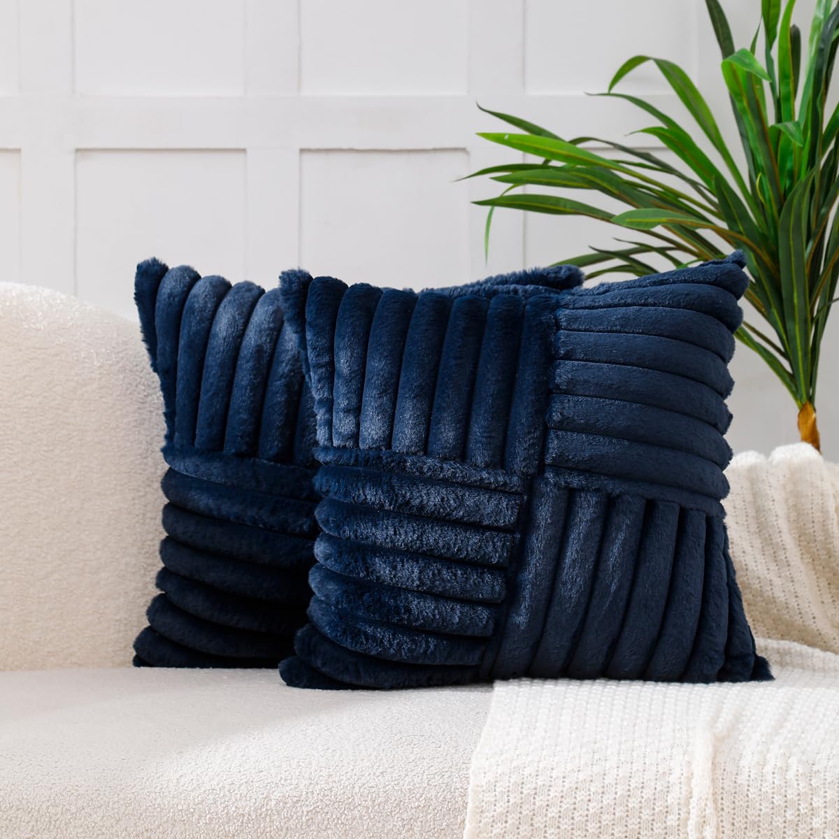 Photo 1 of All Smiles Couch Decorative Throw Pillow Covers 26X26 Set of 2 Faux Fur Plush Soft Fluffy Velvet Cushion Case Cozy Fuzzy Striped Pillowcase Home Decor for Sofa Living Room Bedroom,Navy
