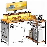HLDIRECT 43 Inch Computer Desk with Power Outlet & LED Lights, L Shaped Desk with Storage Shelves, Corner Computer Gaming Des