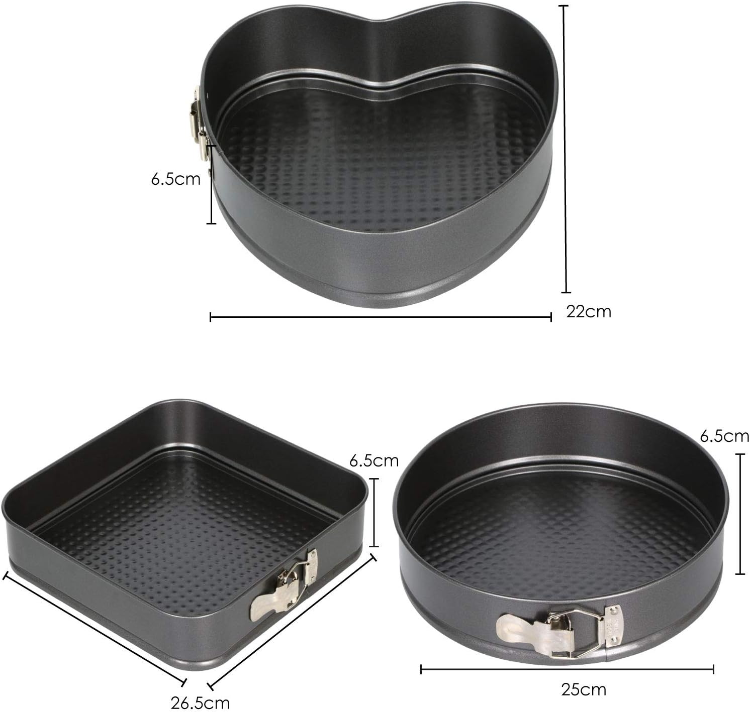 TRIXES Spring Form Cake Tin, Set of 3, Heart Square Round Shapes with Loose Base, Quick Release Springform Shapes - Image 3