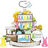 Marsui 12 Pcs Easter Tiered Tray Decor Set Happy Easter Signs Bunny Wooden Sign Rustic Farmhouse Spring Tiered Tray Decorations Set for Home Table