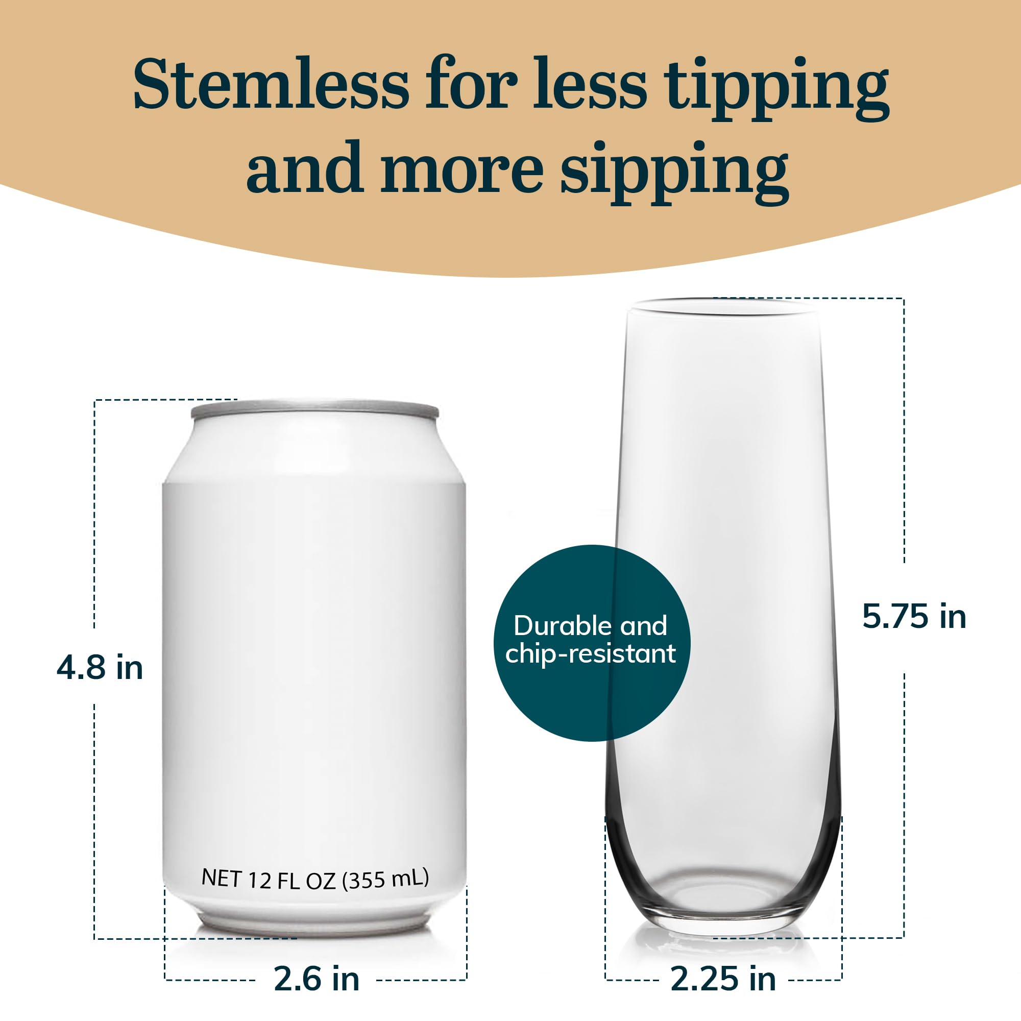 Libbey 228 Stemless Champagne Flutes Glass, 8.5 Oz 12 Piece Elegant Fluted Glassware, Clear Flutes Champagne Glass