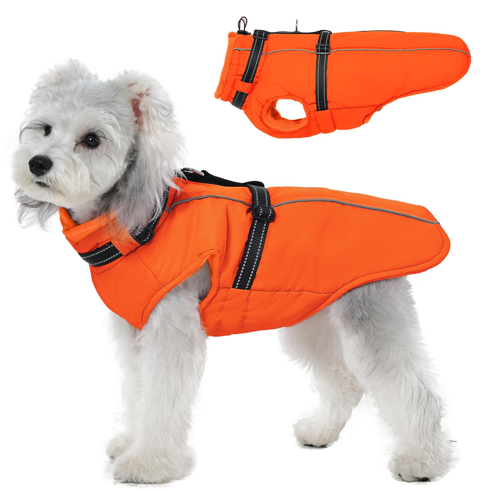 Lelepet Small Dog Coat With Harness - Warm Waterproof Fleece Jacket, Winter Reflective Vest Snow Suit for Chihuahua, Maltese - Orange XS