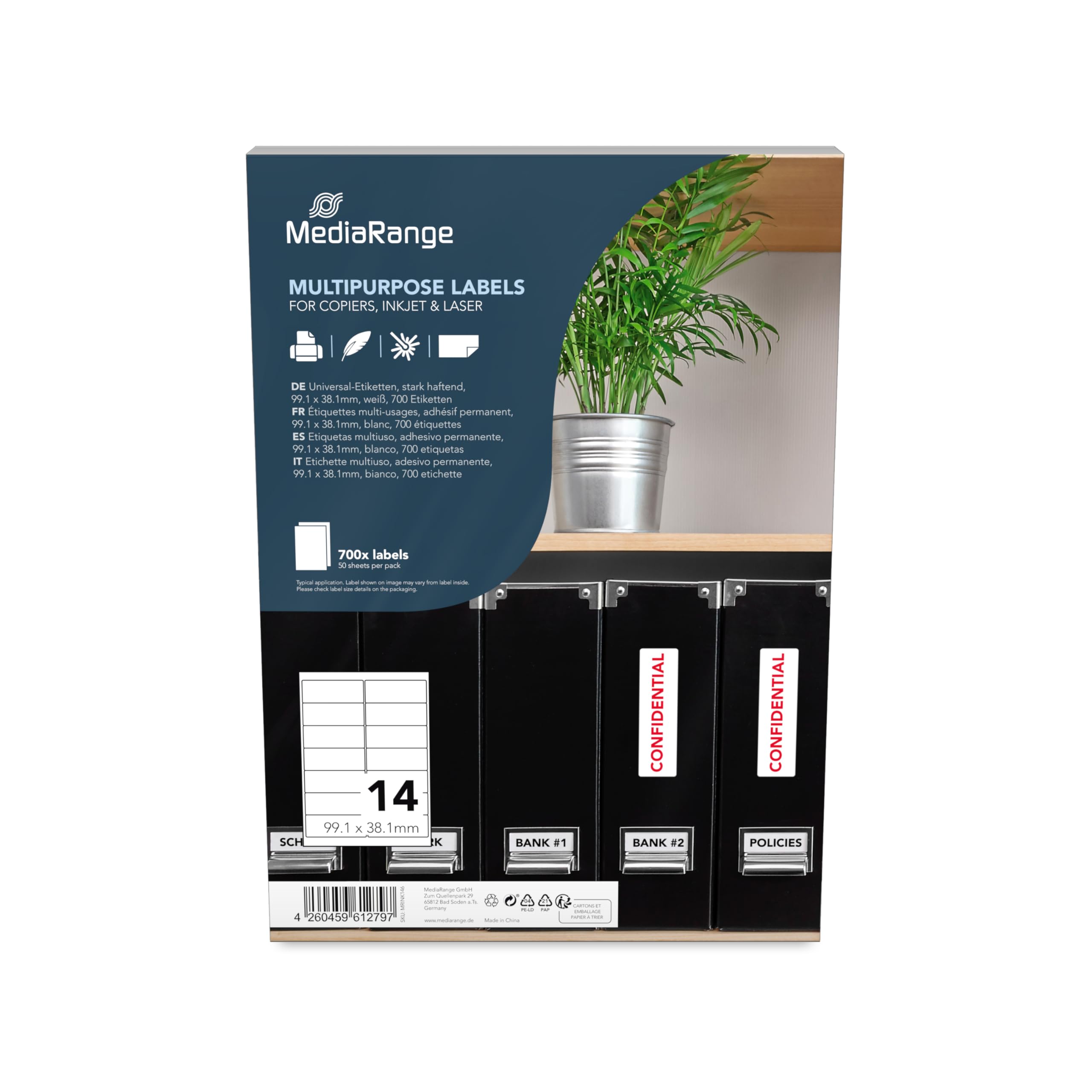 MediaRange MRINK146 Labels 99.1x38.1mm White 700 Pieces Universal Strong Adhesion