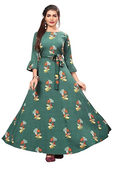 Ethnic 4 You Women Long Fit & Flare Sttiched Gown(Green)_GW152