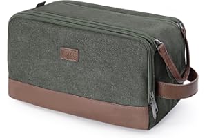 WANDF Toiletry Bag for Men Travel Toiletry Organizer Canvas and Leather Dopp Kit Water-Resistant Shaving Bag for Travel Accessories (Green, Large)