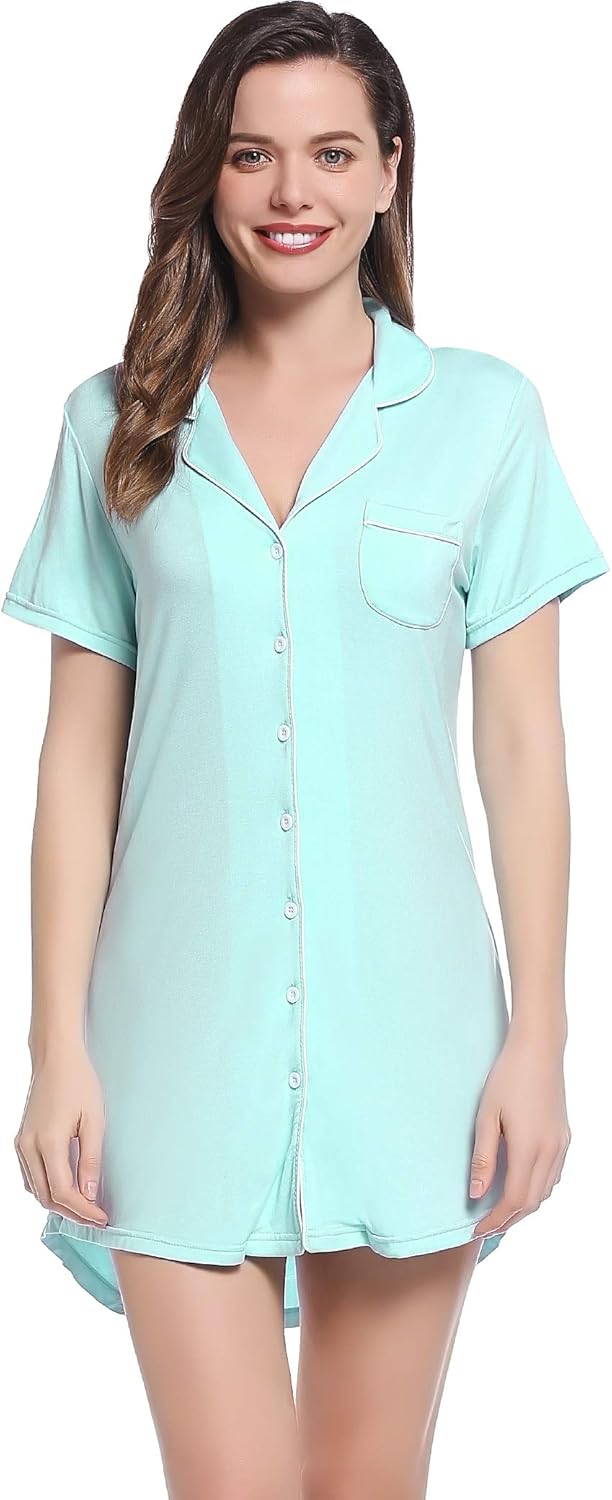 Amorbella Womens Short Sleeve Nightgown Button Down Nightshirt Bamboo