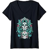 Womens De Los Muertos La Catrina Day of The Dead Floral Sugar Skull V-Neck T-Shirt