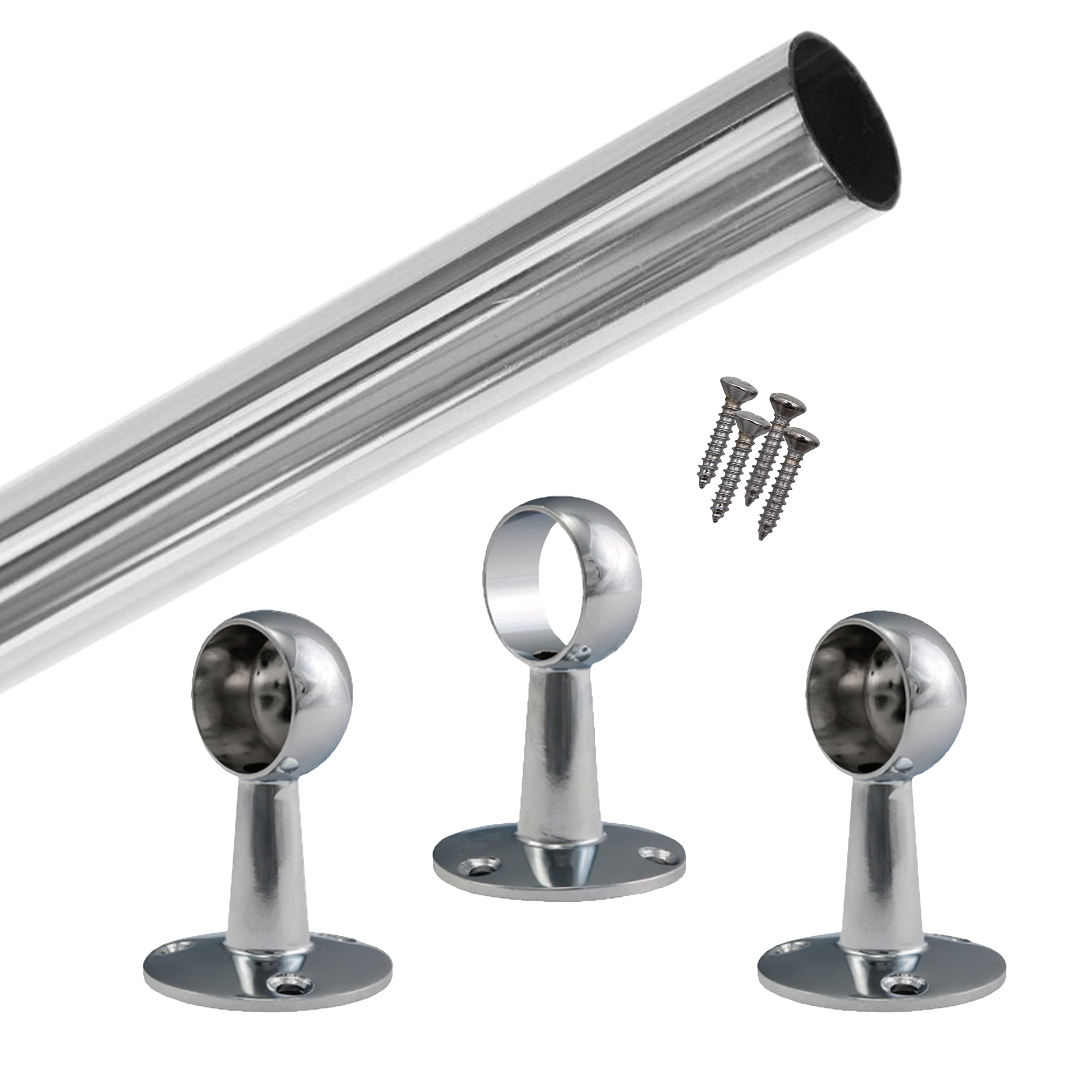 EAI Wardrobe Rail Kit Round Tube And Drop End Sockets 25x1219mm Polished Chrome (25x1219mm)