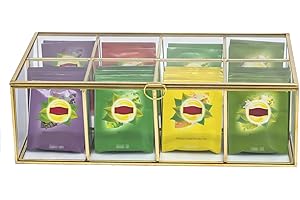 NCYP Glass Tea Bags Organizer, 12" x 7.1" x 3.7" Sugar Packets Storage Box - 8 Grids Compartments Jewelry Container, Indoor Counter Top Brass Display Case with Lid, Gold Decor (Glass Box Only)