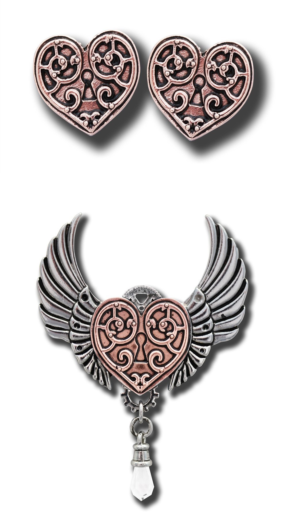 ANNE STOKES Valkyrie Heart - Steampunk Winged Lock Pendant Necklace & Earring Set - for a Warriors Heart - Engineerium